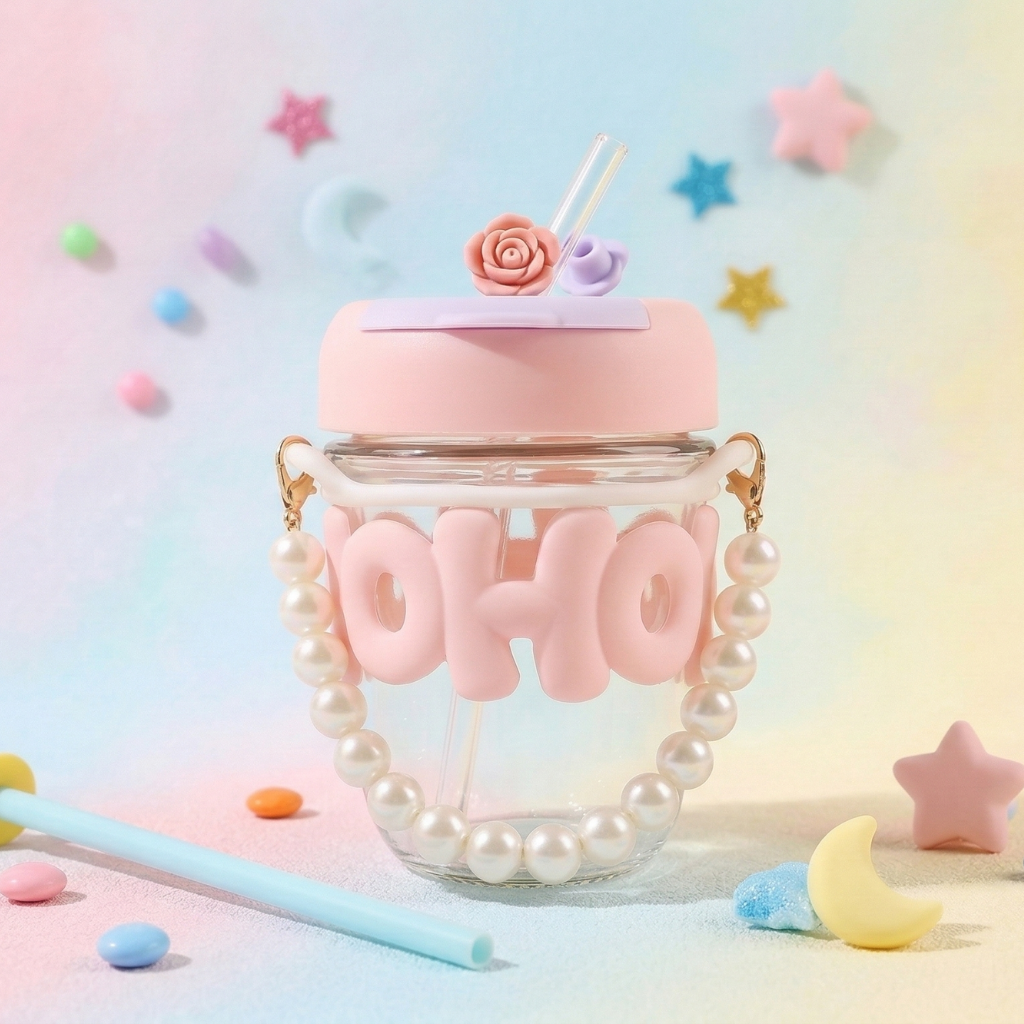 Cute Kids Straw Water Bottle – Leakproof Aesthetic Sipper Cup for School | BPA-Free Kawaii Drinking Jar