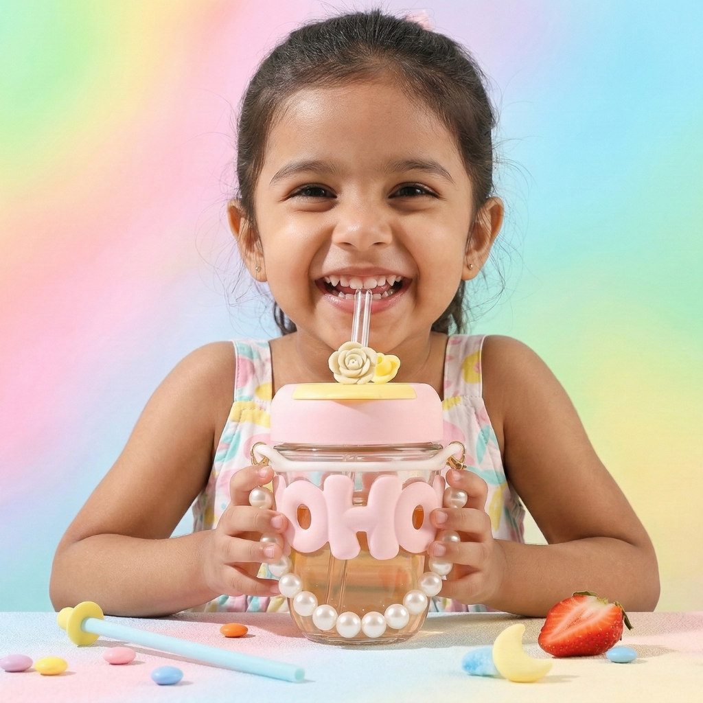 Cute Kids Straw Water Bottle – Leakproof Aesthetic Sipper Cup for School | BPA-Free Kawaii Drinking Jar