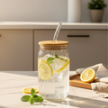 Glass Tumbler with Bamboo Lid & Glass Straw | Reusable Eco-Friendly Drinking Jar for Juice | Lemon Water & Iced Drinks
