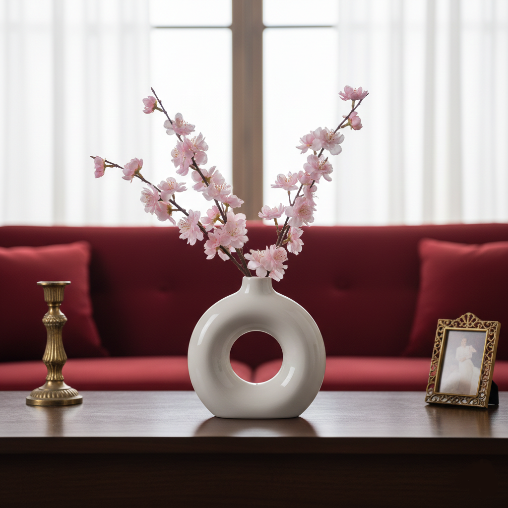 Modern Donut Ceramic Vase | Minimalist Round Hollow Flower Vase for Home Decor